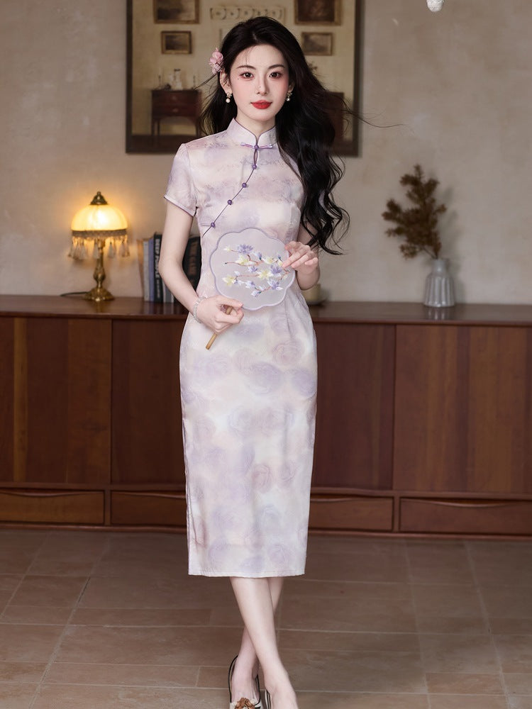 Mist-Lilac Jacquard Qipao | Slim Mandarin Midi Cheongsam