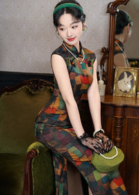 Colorful Sleeveless Plaid Qipao Dress
