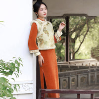 Elegant Embroidered Hanfu Winter Dress – Vintage Long Sleeve Cheongsam with Fur Trim