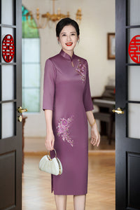 Aubergine Acetate Stretch Satin Embroidered Modern Qipao Midi | Mandarin Collar Keyhole