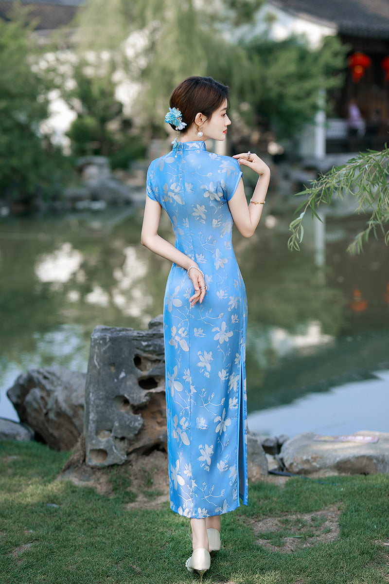 Sky Blue Floral Long Qipao Dress for Women | Mandarin Collar Frog Buttons Slim Fit Side Slit