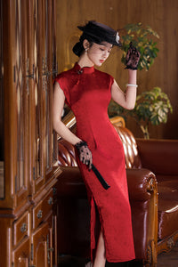 Classic Red Floral Qipao Dress for Women | Mandarin Collar Frog Button Slim Fit Cheongsam with Side Slit for Banquet