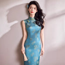 Peacock Blue Geometric Jacquard Sleeveless Qipao Maxi Dress | Mandarin Collar Slim Slit Cheongsam