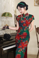 Vintage Oil-Paint Floral Qipao Long Dress | Red-Green Palette