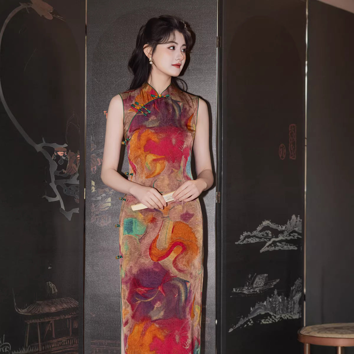 Retro Orange Sleeveless Qipao Dress | Mandarin Collar Slim Midi Cheongsam