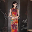 Retro Orange Sleeveless Qipao Dress | Mandarin Collar Slim Midi Cheongsam