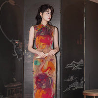 Retro Orange Sleeveless Qipao Dress | Mandarin Collar Slim Midi Cheongsam