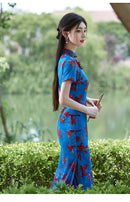 Vintage Blue Qipao Dress | Mandarin Collar Slim Maxi with Side Slit