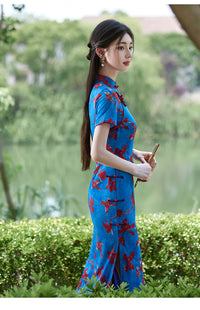 Vintage Blue Qipao Dress | Mandarin Collar Slim Maxi with Side Slit