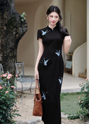 Black Butterfly Embroidered Slim Long Qipao | Side Slit