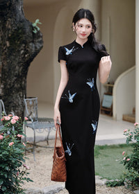 Black Butterfly Embroidered Slim Long Qipao | Side Slit