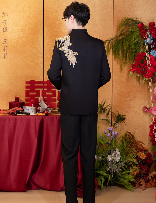 Summer Black Mandarin Collar Zhongshan Suit with Dragon for Wedding