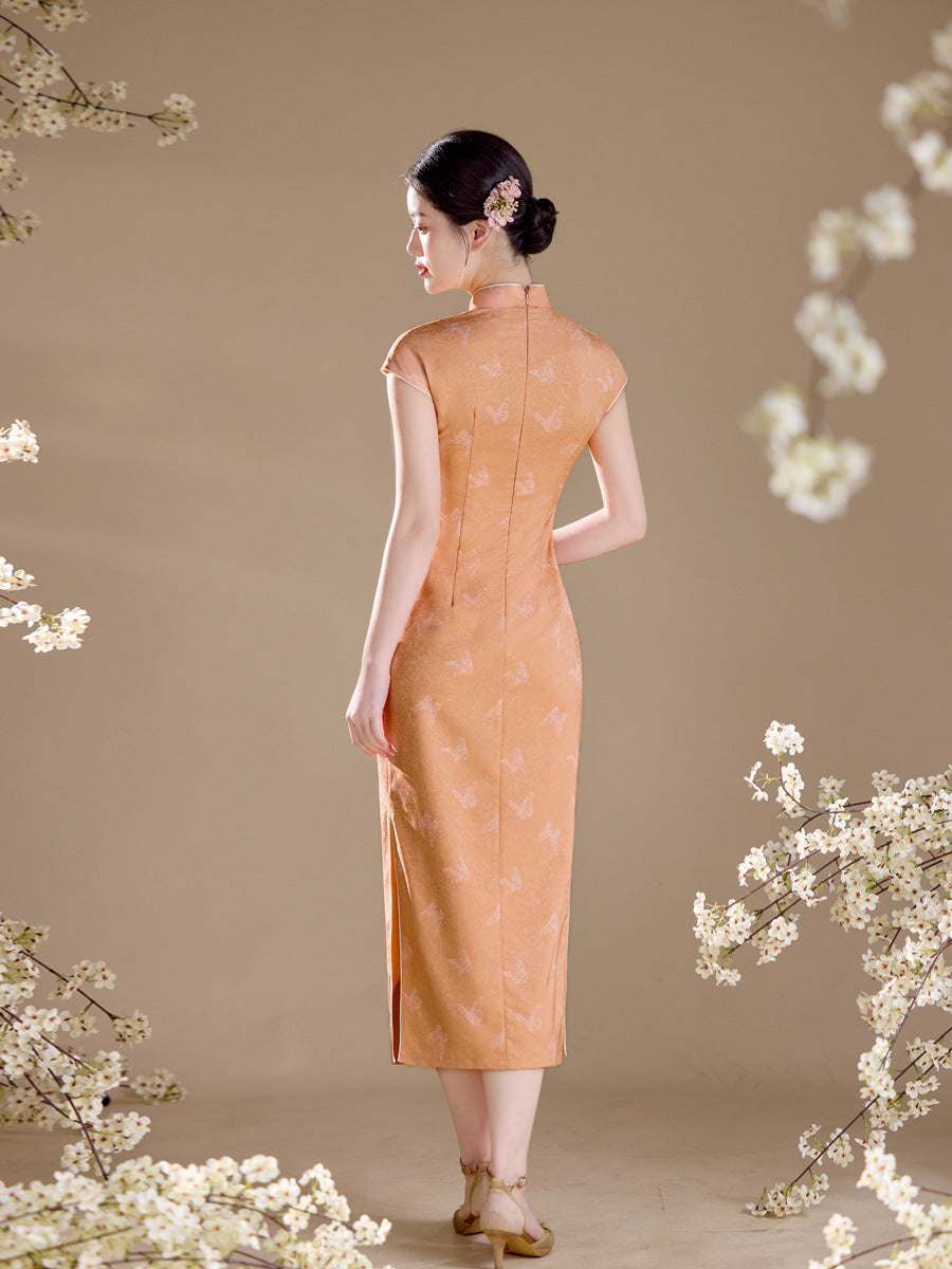 Orange Tonal Jacquard Short Sleeve Qipao Maxi Dress | Mandarin Collar Slit Cheongsam
