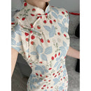 Blue Floral Berry Print Qipao Dress | Slim Mandarin Midi Look