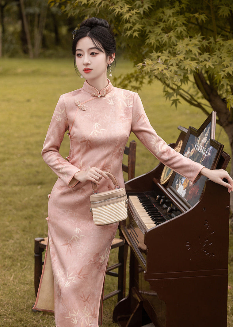 Jacquard Bamboo Long Sleeve Winter Qipao | Elegant Daily Wear