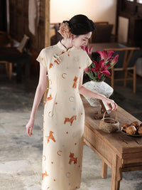Playful Horse Print Qipao | Cream Vintage Chinese Cheongsam Midi Dress