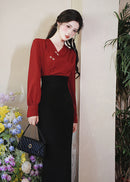 Modern Chinese Two-Piece Set – Red Pleated Top with Frog Buttons | High-Waist Straight Maxi Skirt