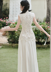 Lace Qipao Gown | Sleeveless White Mandarin Maxi Dress