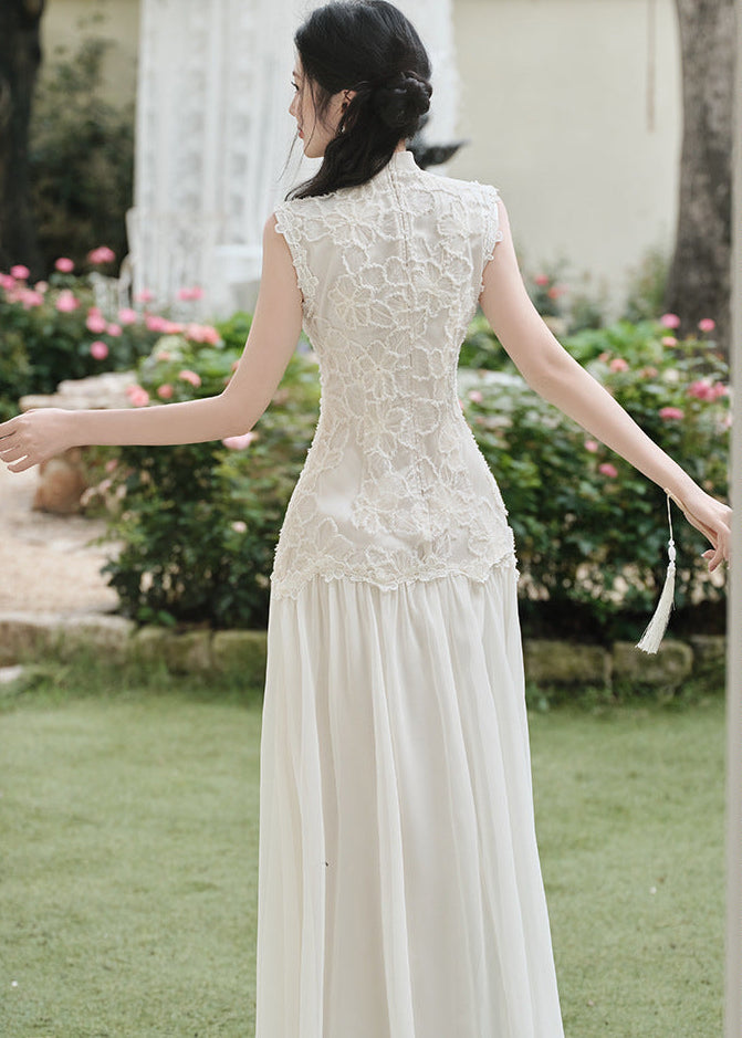 Lace Qipao Gown | Sleeveless White Mandarin Maxi Dress