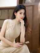 Cream Open-Knit Qipao Dress | Sleeveless Slim Midi