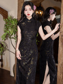 Black Gold Lace Embroidered Vintage Qipao Dress | High Waist Slim Fit Design