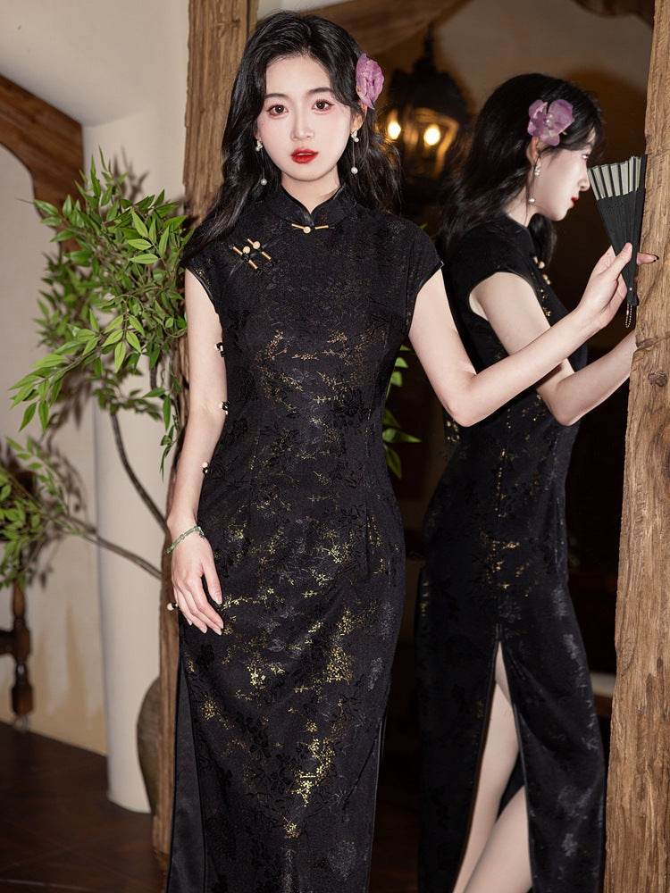 Black Gold Lace Embroidered Vintage Qipao Dress | High Waist Slim Fit Design