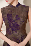 Floral Jacquard Sleeveless Qipao Dress | Vintage Mandarin Collar Maxi Cheongsam