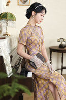 Vintage Checkered Qipao Long Dress | Golden-Violet Gradient Plaid