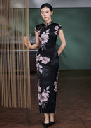 Black Silk Floral Qipao Dress | Slim-Fit Long Mandarin