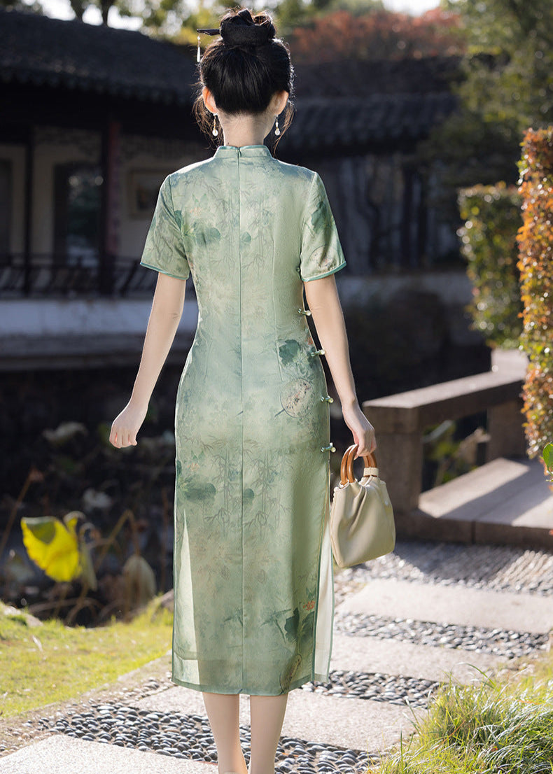 优雅粉色碎花旗袍裙