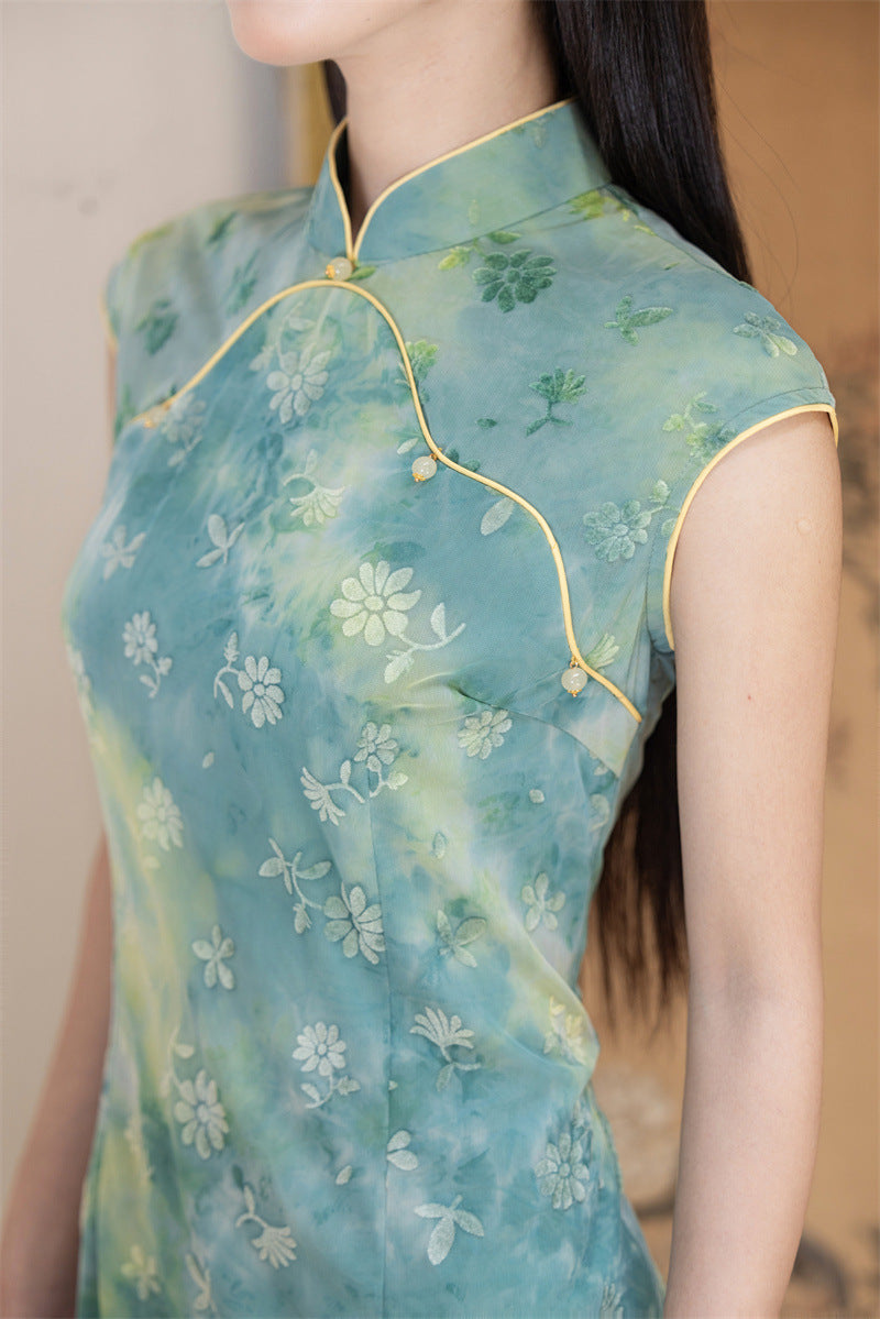 Misty Blue-Green Watercolour Floral Qipao Dress Sleeveless Slim Mandarin Collar Piping