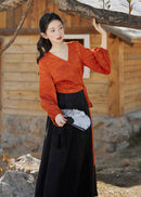 Modern Hanfu Mamian Skirt Set | Jacquard Wrap V-Neck Top with Lantern Sleeves