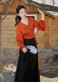 Modern Hanfu Mamian Skirt Set | Jacquard Wrap V-Neck Top with Lantern Sleeves