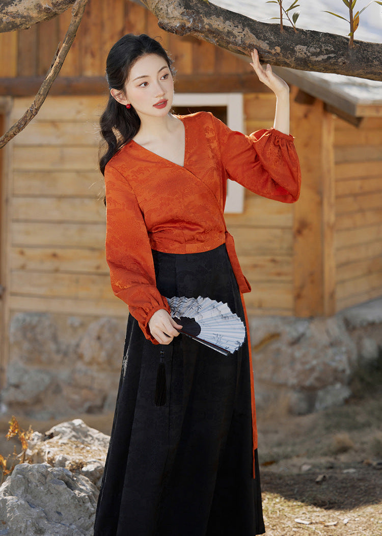 Modern Hanfu Mamian Skirt Set | Jacquard Wrap V-Neck Top with Lantern Sleeves