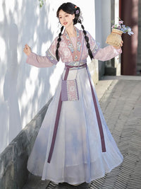 Elegant Purple and White Hanfu Dress with Floral Embroidery