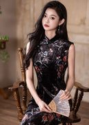 Black Floral Vintage Sleeveless Slim Qipao Gown