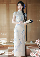 Ivory Blue Floral Qipao Dress | Mandarin Collar Slim Split Cheongsam Maxi