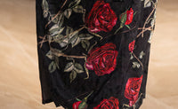 Velvet Rose-Embroidered Qipao | Black with Red Florals