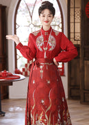 Red Mamianqun Bridal Toast Dress Set | Detachable Warm Cape