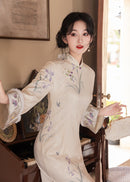 Ivory Vintage Jacquard Qipao with Lantern Sleeves