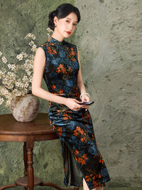 Black Rust Floral Velvet Sleeveless Qipao Dress | Slim Mandarin Midi