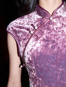 Purple Qipao Dress Slim-Fit Maxi Cheongsam with Mandarin Collar Frog Buttons