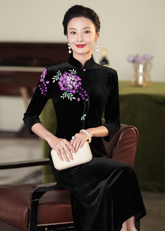Embroidered Modern Qipao Maxi | Wine Red/Purple/Black | Mandarin Collar 3/4 Sleeves