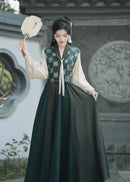 Spring Tang-Style Blouse & Eight-Panel Skirt Set | Deep-Green Patchwork Vest, Lantern Sleeves, High-Waist Flowing Maxi