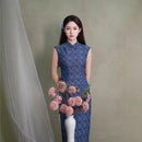 Dusty Blue Jacquard Sleeveless Long Qipao Dress | Mandarin Collar Slim Vintage Banquet Gown