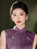 Burgundy Tonal Jacquard Sleeveless Qipao Maxi Dress | Mandarin Collar Slit Cheongsam