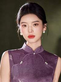 Burgundy Tonal Jacquard Sleeveless Qipao Maxi Dress | Mandarin Collar Slit Cheongsam