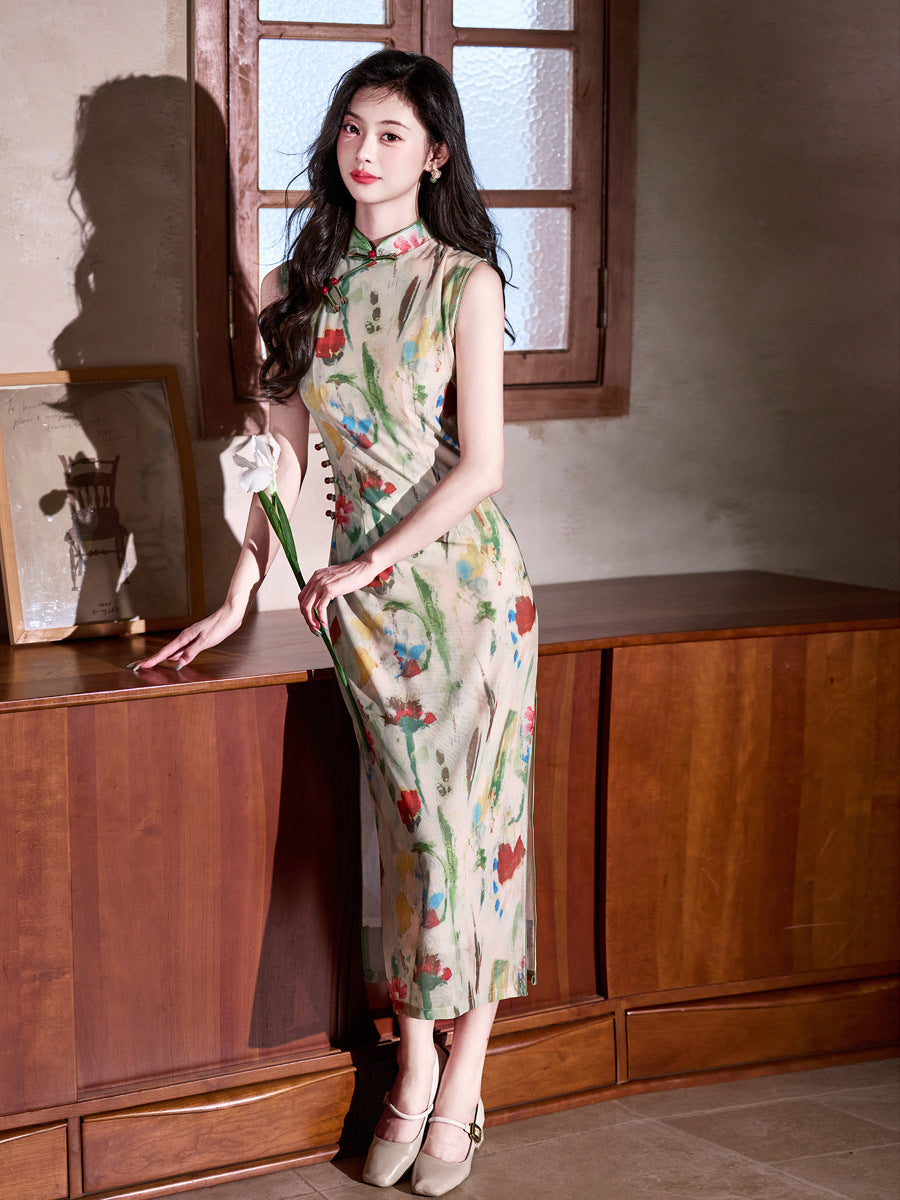 Watercolor-Print Sleeveless New-Chinese Qipao Dress | Morandi Tones, Slim Midi with Side Slit