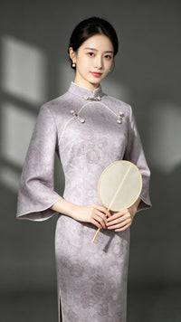 Purple Velvet Petal Sleeve Qipao Dress | Slim Mandarin Maxi