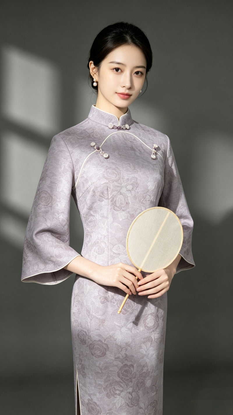 Purple Velvet Petal Sleeve Qipao Dress | Slim Mandarin Maxi